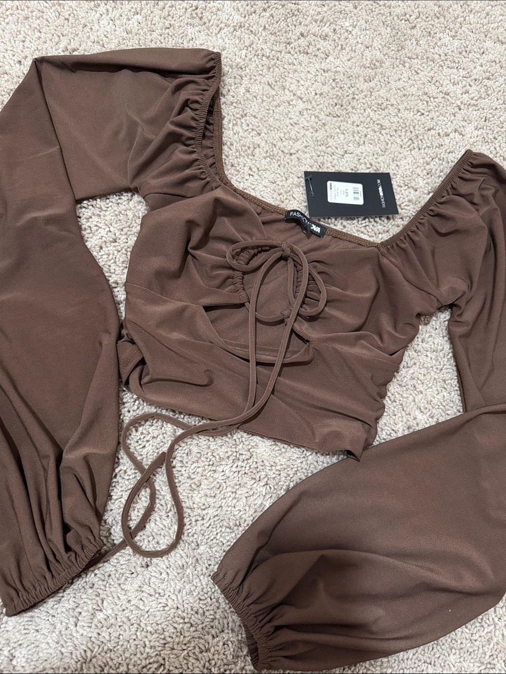 Fashion Nova Chocolate Brown Tie-Front Ruched Crop Top
